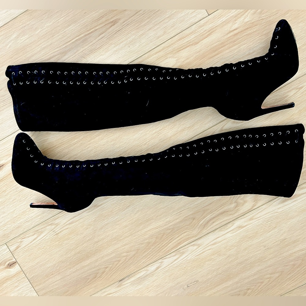 Marciano Black Suede Lace Up High Over The Knee Slip On Boots 5